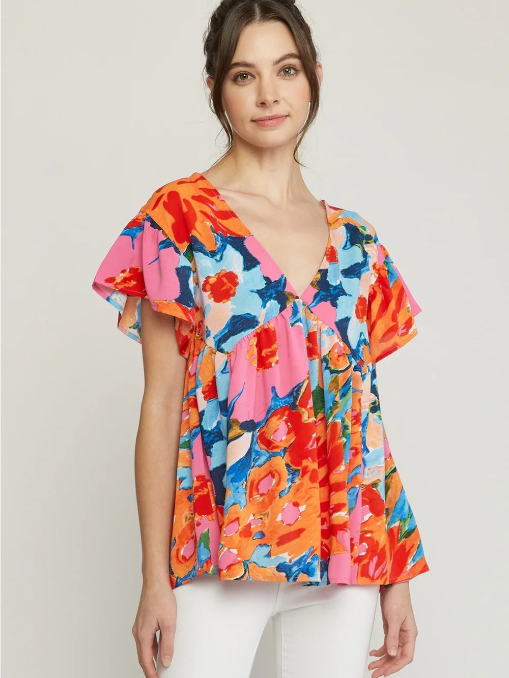 entro Bright Floral V-Neck Flutter Sleeve Blouse